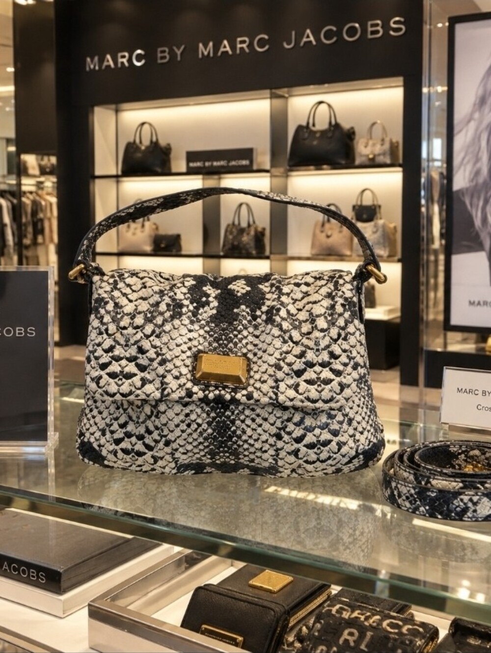 Marc by Marc Jacobs Black and Cream Python embossed leather with crossbody strap